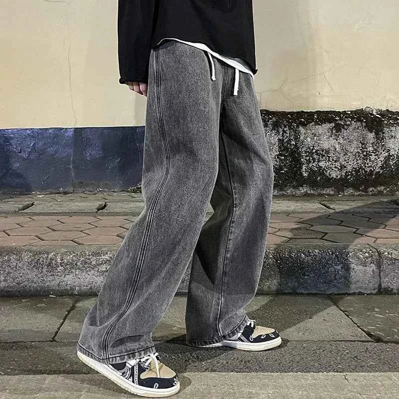 Spring and Autumn new American drawstring jeans for men, loose and versatile casual pants, trendy washed men's pants