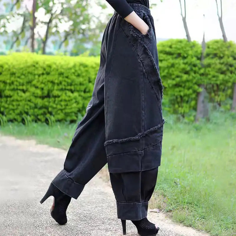 Black Wide-leg Jeans Harlan Pants Loose Fashion Casual Full Length High Waist Patchwork Print Pocket Jeans Women Clothes Spring GONZALES ONLINE SHOP