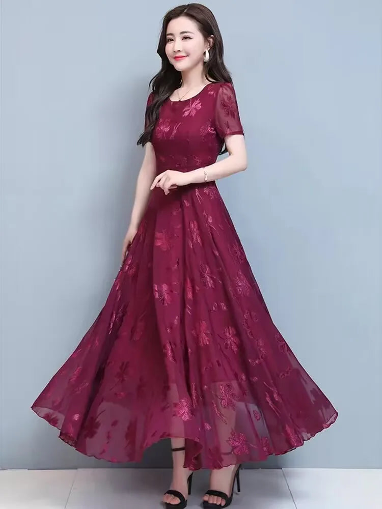 Casual Blue Clothes For Women Summer Maxi Dress 2024 New Red Chiffon O-Neck Party Elegant Boho Korean Fashion Evening Dresses GONZALES ONLINE SHOP