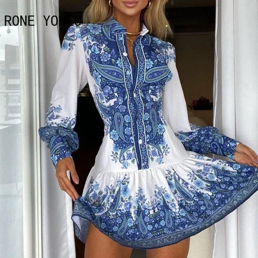 Women Casual All Over Print button Long sleeve Pleated Mini shirt Dresses GONZALES ONLINE SHOP