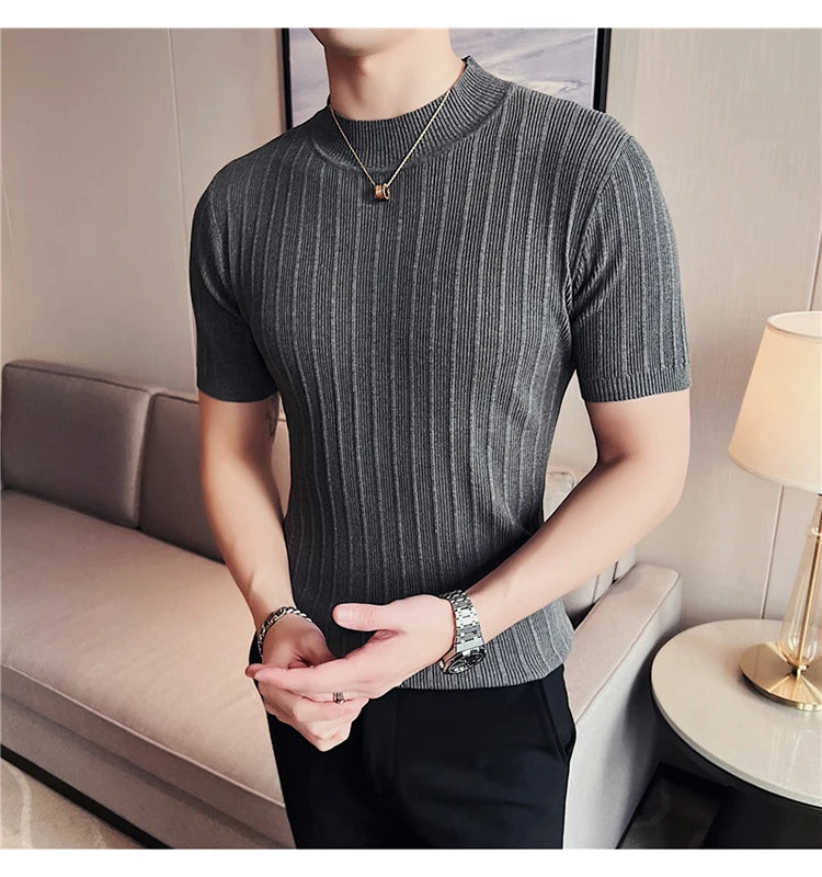 Men's High-End Casual Short Sleeve knitting Sweater/Male High collar Slim Fit Stripe Set head Knit Shirts Plus size S-4XL GONZALES ONLINE SHOP