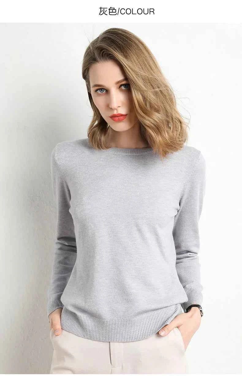 Women Slim O-Neck Solid Pullover Cashmere Wool Blending Sweater Autumn And Winter Long-Sleeved Knit Bottoming Shirt Large Size