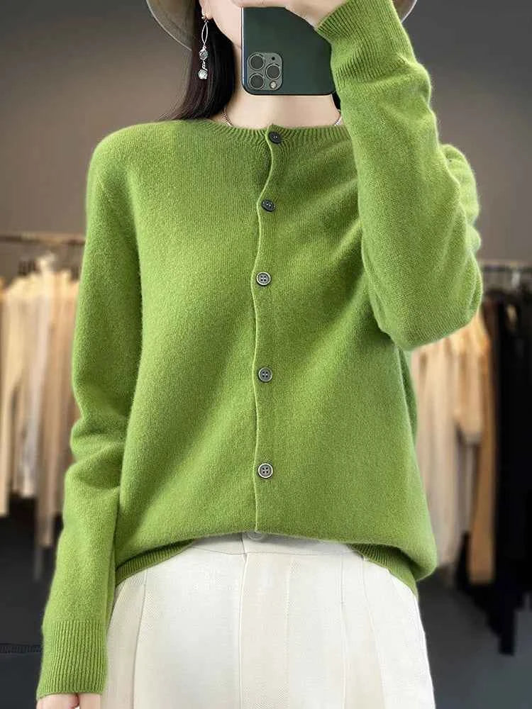 100% Merino Wool Sweater Women O-Neck Cardigan Basic Style  Buttoned Knitwear Female Casual Autumn Winter Soft Tops