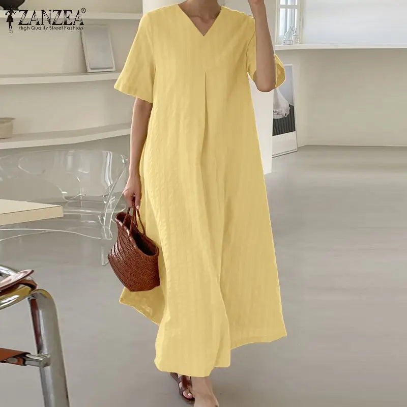 ZANZEA Elegant Women V Neck Short Sleeve Sundress Summer Fashion Casual Loose Maxi Dress Robe Femme Holiday Vestido Oversize GONZALES ONLINE SHOP