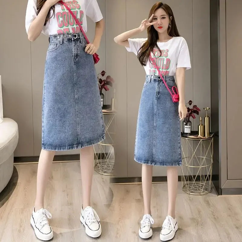Women's Denim Skirt Midi To Knees Length with Pocket Zipper Female Jeans Skirts Chubby Slit Casual Modest Clothing Trend 2025 V GONZALES ONLINE SHOP