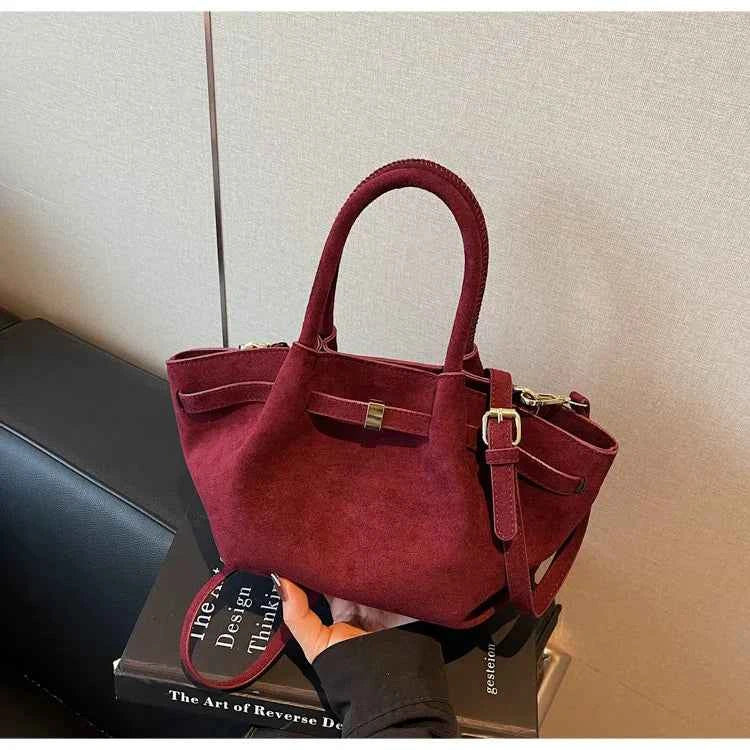 Matte Leather Suede Tote Handbags for Women Large Capacity Retro Shoulder Bag Fall Winter Belt Design Female Crossbody Bags