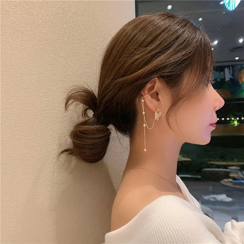 1PC New Fashion Gold Color Moon Star Clip Earrings For Women Simple Butterfly Fake Cartilage Long Tassel Ear Cuff Jewelry Gifts GONZALES ONLINE SHOP