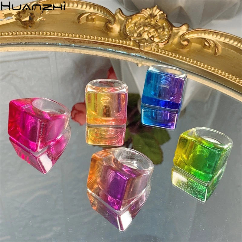 New Korea Simple Square Colorful Transparent Geometric Resin Acrylic Rings for Women Girls Summer Hot Sale Jewelry HUANZHI 2021 GONZALES ONLINE SHOP