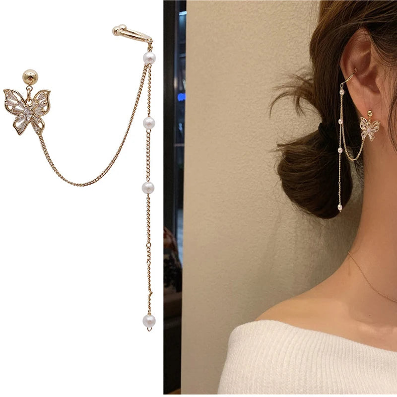 1PC New Fashion Gold Color Moon Star Clip Earrings For Women Simple Butterfly Fake Cartilage Long Tassel Ear Cuff Jewelry Gifts GONZALES ONLINE SHOP