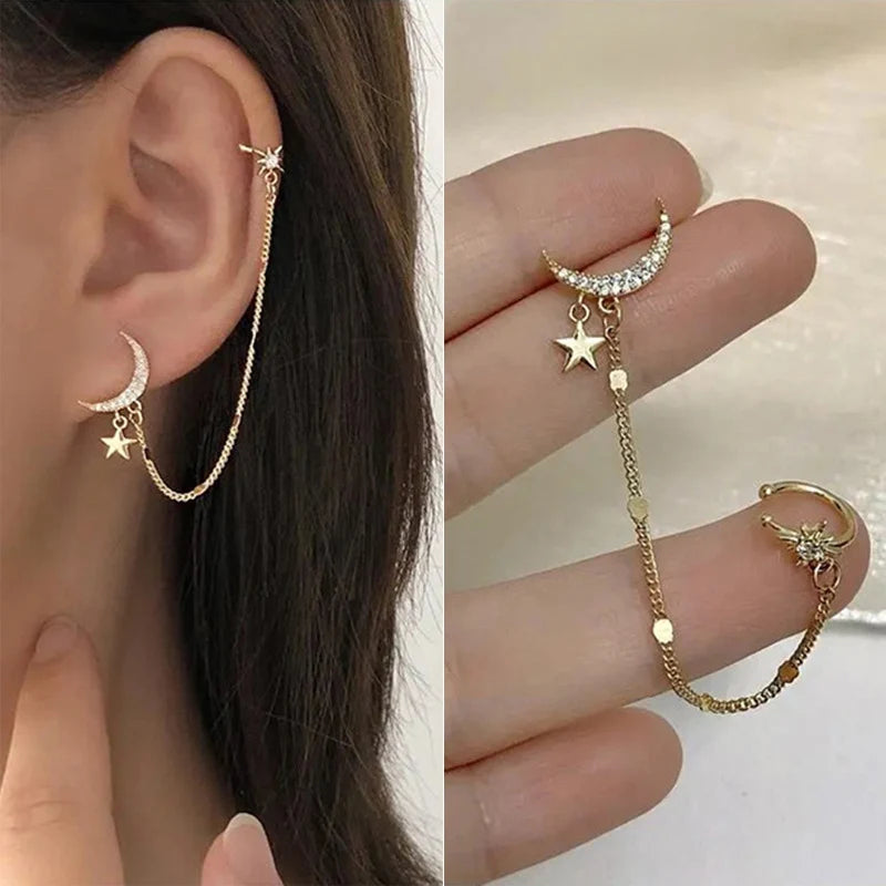 1PC New Fashion Gold Color Moon Star Clip Earrings For Women Simple Butterfly Fake Cartilage Long Tassel Ear Cuff Jewelry Gifts GONZALES ONLINE SHOP