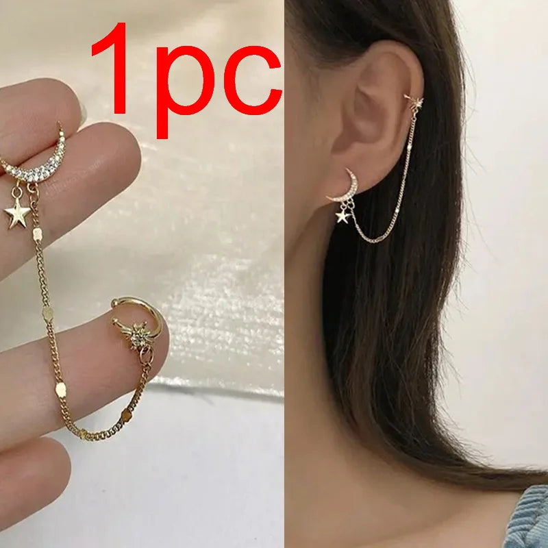 1PC New Fashion Gold Color Moon Star Clip Earrings For Women Simple Butterfly Fake Cartilage Long Tassel Ear Cuff Jewelry Gifts GONZALES ONLINE SHOP