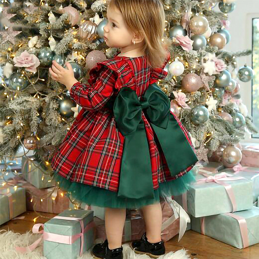 Girls Kids Red Checkered Bow Christmas Dress GONZALES ONLINE SHOP