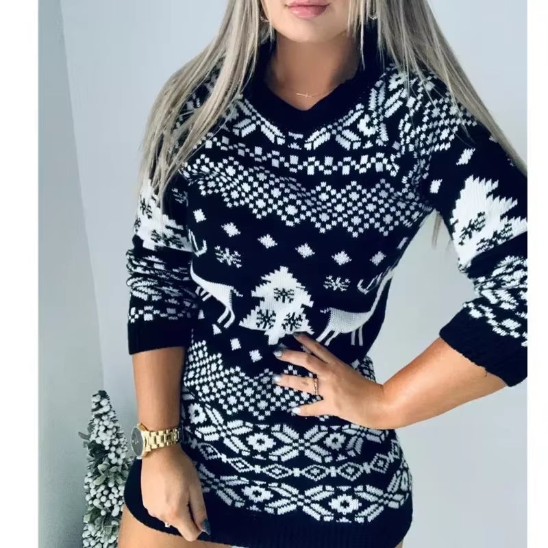 2024 Winter Christmas Costumes Women'S Knitted Dress Jacquard Print Pullover Tops Full Sleeve Warm Soft Sweater Dresses Vestidos