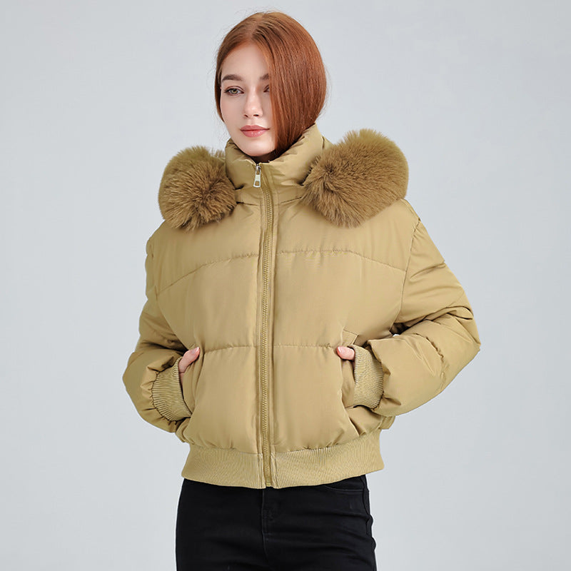 A short, thick and warm bread jacket with a hooded fur collar for women in winter Hypersku