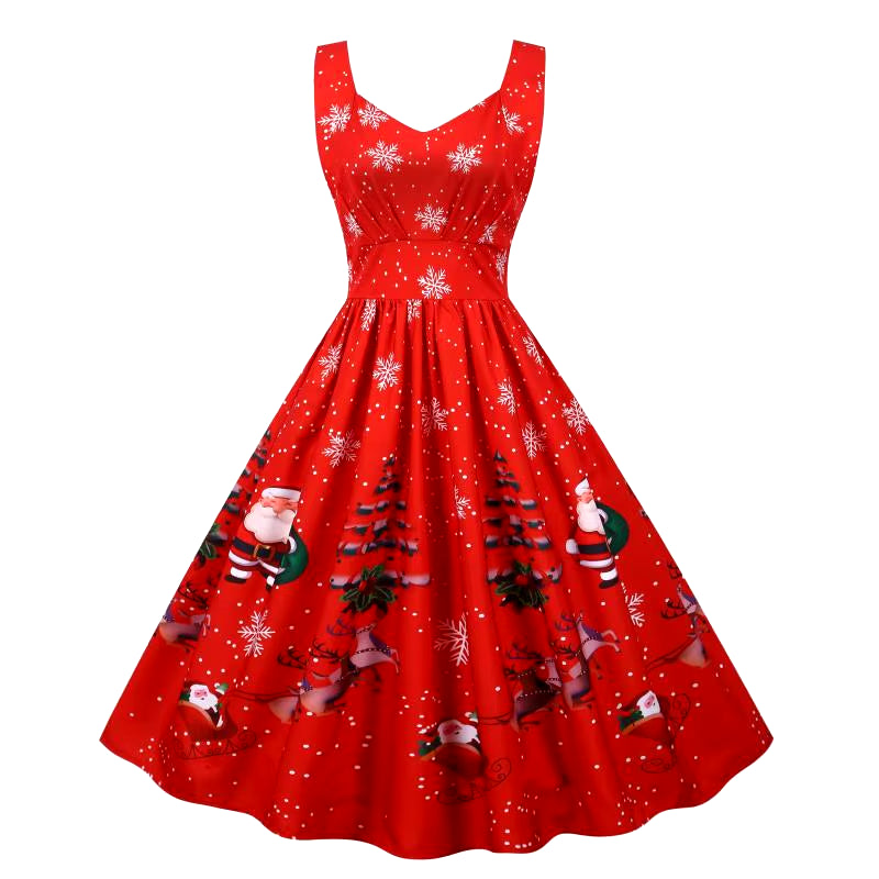 Women Christmas Dress Sexy Spaghetti Strap Vintage Midi Party Vestidos Robe Santa Snowflake Print Xmas Clothes