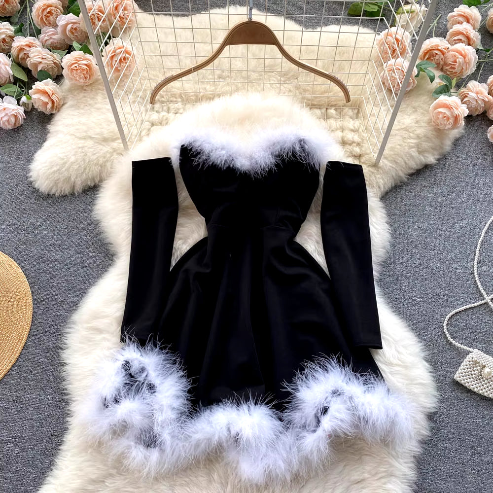 Women Elegant Dress for New Year 2024 Strapless Backless Furry Sexy Short Mini Christmas Dress Navidad Red Party Dress Femme