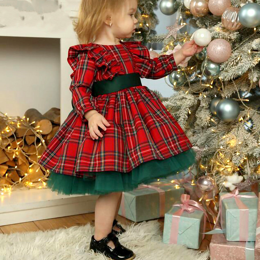 Girls Kids Red Checkered Bow Christmas Dress GONZALES ONLINE SHOP