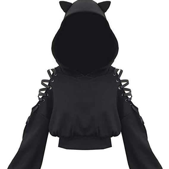 New cute cat y navel exposed hoodie with a hooded and hollowed-out shoulder top Hypersku