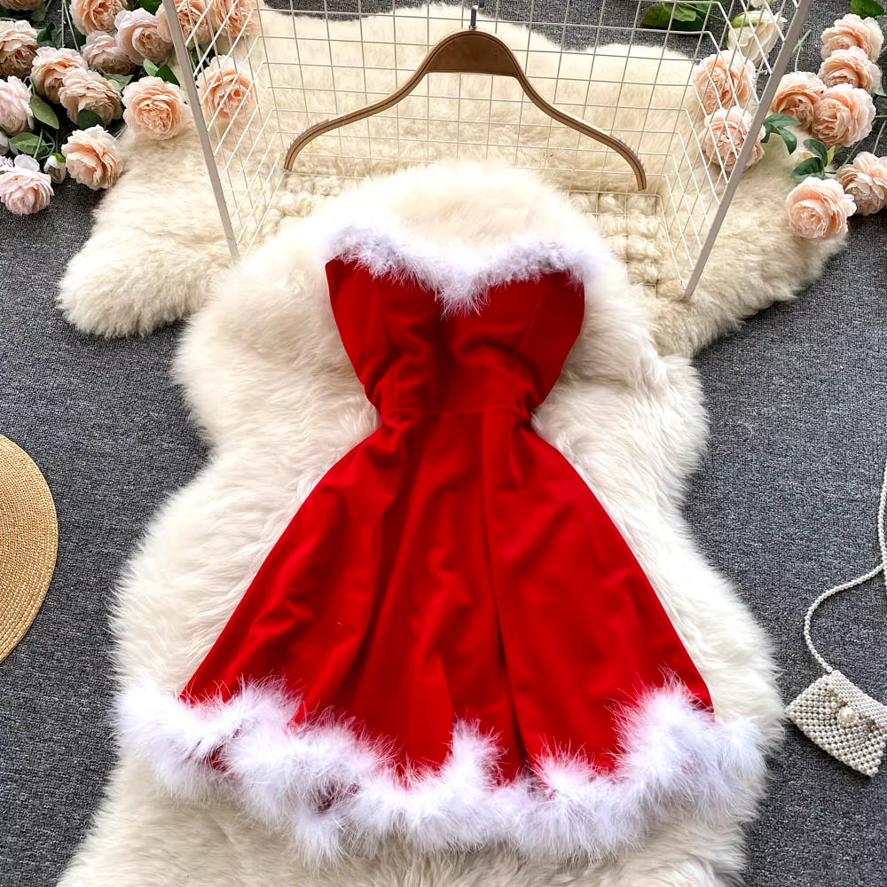 Women Elegant Dress for New Year 2024 Strapless Backless Furry Sexy Short Mini Christmas Dress Navidad Red Party Dress Femme