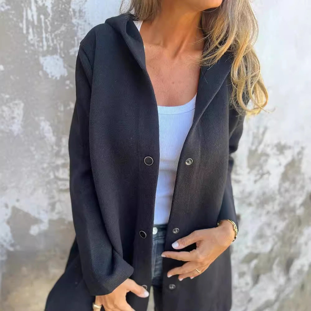 A solid-color casual single-ed hooded jacket for women in autumn and winter Hypersku