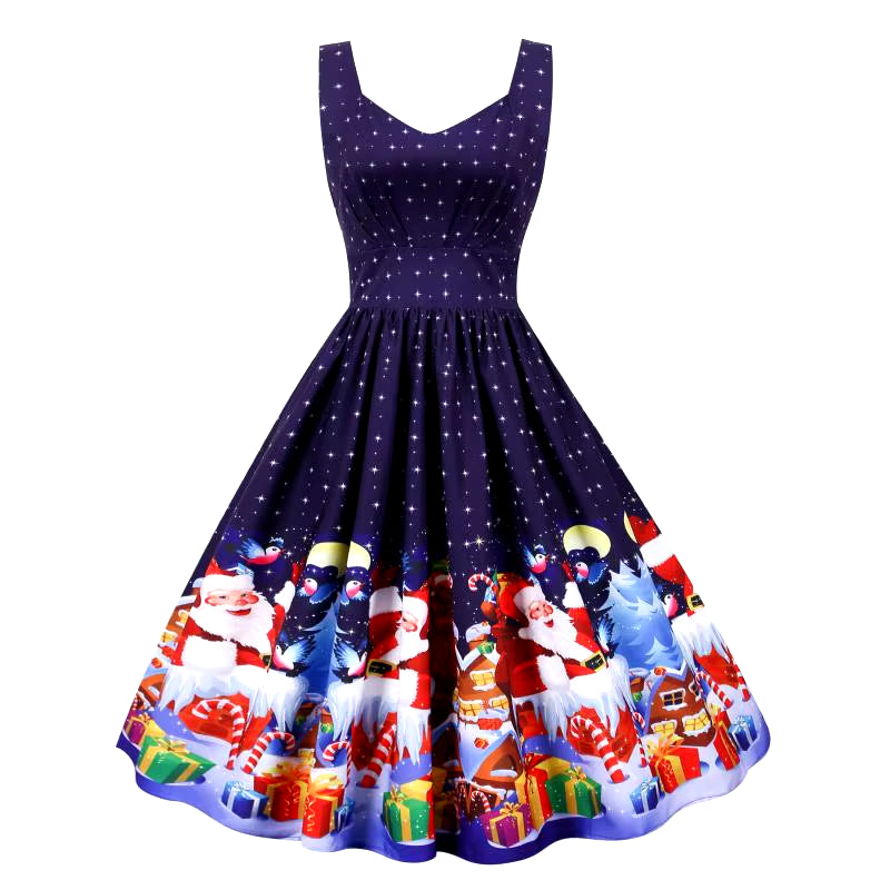 Women Christmas Dress Sexy Spaghetti Strap Vintage Midi Party Vestidos Robe Santa Snowflake Print Xmas Clothes