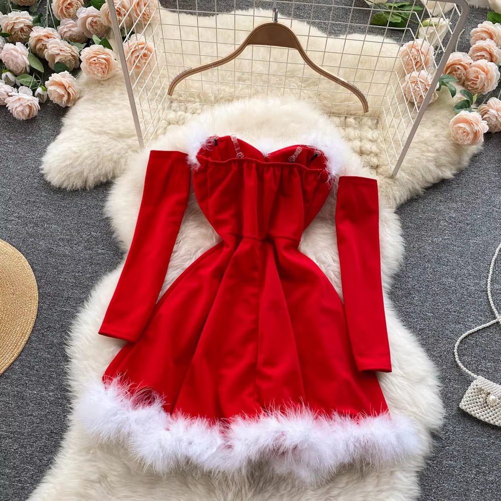 Women Elegant Dress for New Year 2024 Strapless Backless Furry Sexy Short Mini Christmas Dress Navidad Red Party Dress Femme