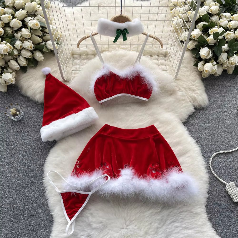 Women Elegant Dress for New Year 2024 Strapless Backless Furry Sexy Short Mini Christmas Dress Navidad Red Party Dress Femme