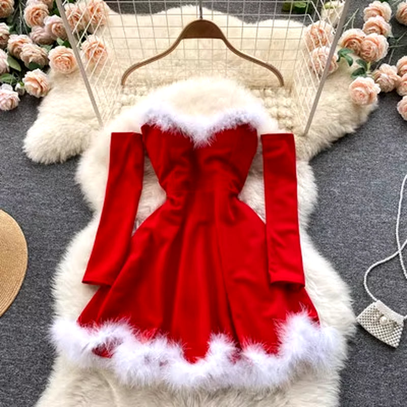 Women Elegant Dress for New Year 2024 Strapless Backless Furry Sexy Short Mini Christmas Dress Navidad Red Party Dress Femme