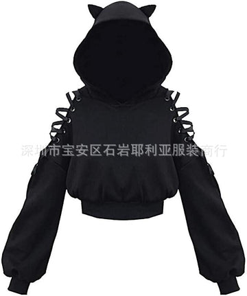New cute cat y navel exposed hoodie with a hooded and hollowed-out shoulder top Hypersku