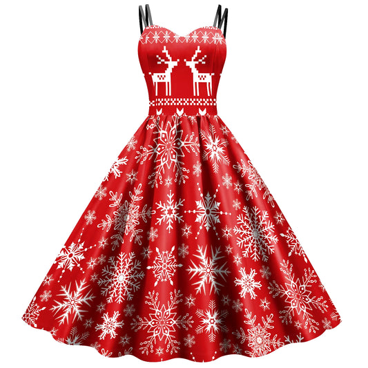 Christmas Cosplay Costumes for Women Vintage Dress Holiday Party Elk Snowflake Print Clothes Female Sexy Slip Dress Mujer