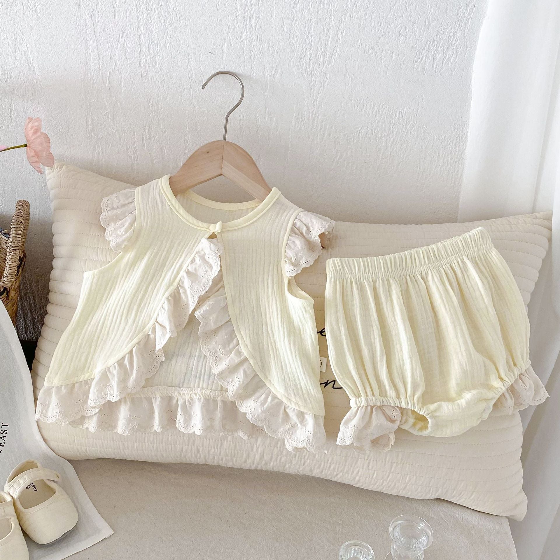 Summer Hot Selling Baby Girls Fly Sleeves Hollow Out Lace Trim Open-Front Top Vest And Bloomers Clothing Set MyKids-USA